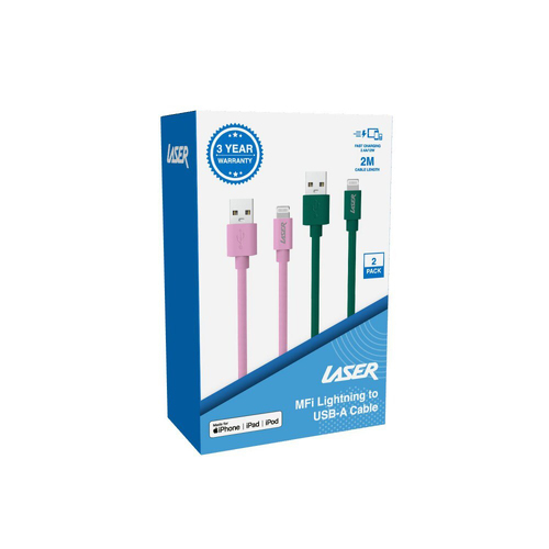 2PK Laser MFi USB-A to 8-Pin Charging Cable 2m For iPhone 14 Pink/Green