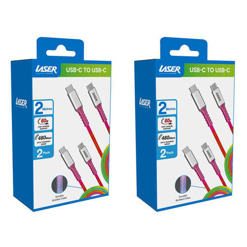 2x 2pc Laser 2m USB-C to C Braided Charging Cable for Samsung/iPhone 16 Rainbow
