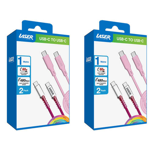 2x 2pc Laser 1m USB-C to C Charging Cable for Samsung & iPhone 16 Rainbow/Pink