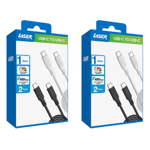2x 2pc Laser 1m USB-C to C Charging Cable for Samsung & iPhone 16 Black/White