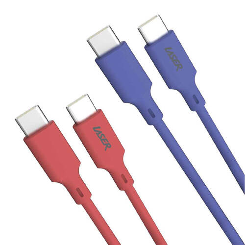2pc Laser 2m USB-C to C 60W Charging Cable for Samsung & iPhone 16 Red/Blue