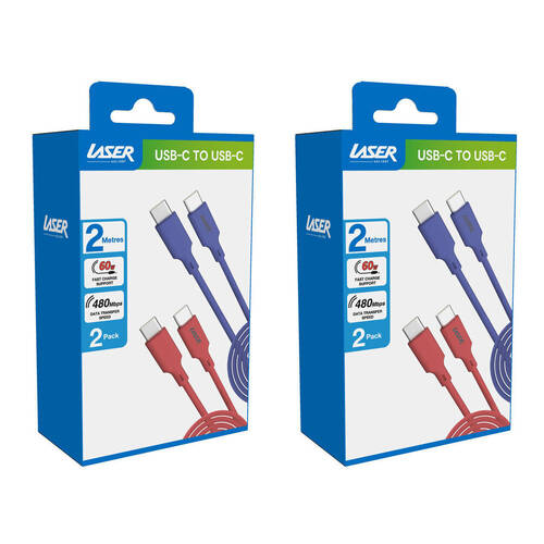 2x 2pc Laser 2m USB-C to C 60W Charging Cable for Samsung & iPhone 16 Red/Blue
