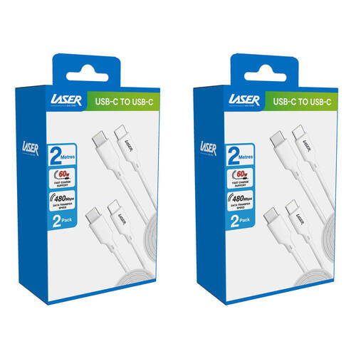 2x 2pc Laser 2m USB-C to C 60W Charging Cable for Samsung & iPhone 16 White