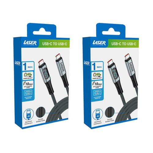 2PK Laser 1m USB-C to C 240W Braided Charging Cable w/ LCD for Samsung/iPhone 16