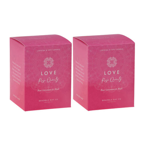 2PK Bramble Bay Crystal Boho Rose Quartz Calm Candle Geranium & Musk 300g