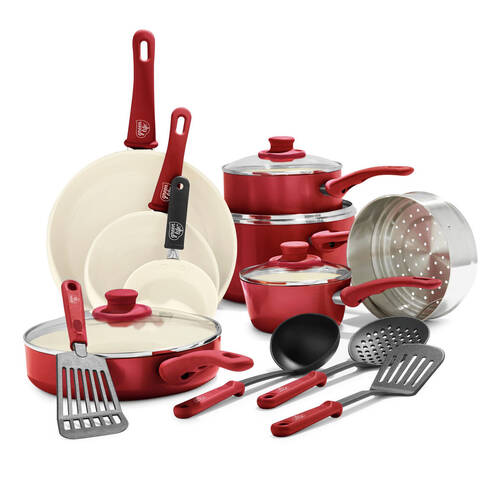 16pc Greenlife Soft Grip Aluminium Cookware Set - Scarlet Red
