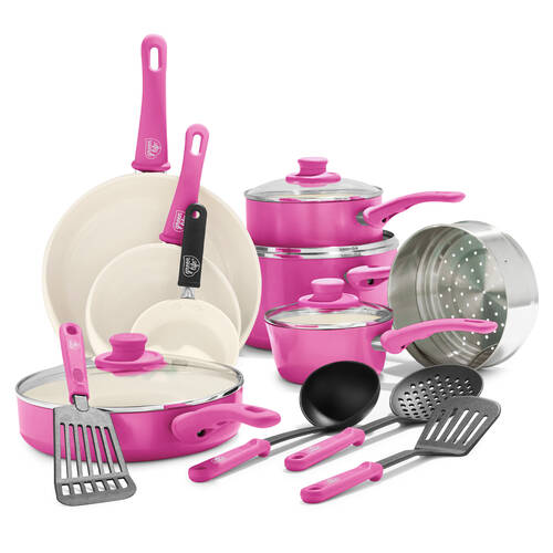 16pc Greenlife Aluminium Soft Grip Cookware Set Bright Pink