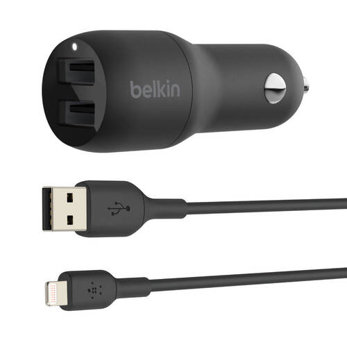 Belkin 2 Port USB-A Car Charger & Lightning Cable - Black