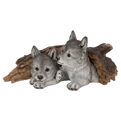 Northcote Pottery Resin Wolf Pups Under Tree Stump Garden Decor