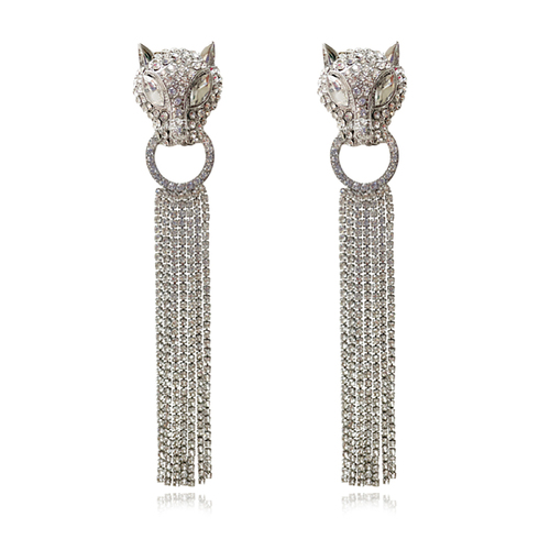 Culturesse Chase Oversized 14cm Diamante Leopard Drop Earrings - Silver