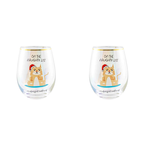 2PK Novelty Christmas On The Naughty List And 600ml Stemless Wine Glass