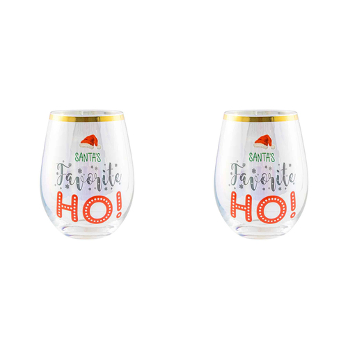 2PK Novelty Christmas Santas Favourite Ho 600ml Stemless Wine Glass