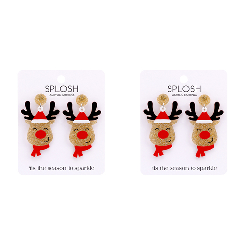 2PK Splosh Christmas Rudolph Drop Earrings Stainless Steel Fashion Jewellery 6.5cm