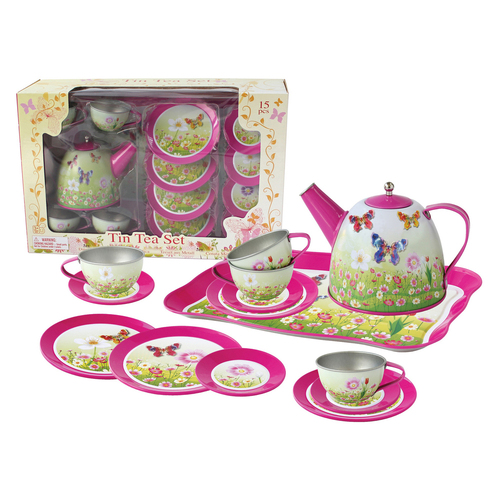 15pc Kaper Kidz Pink Butterfly Kids/Childrens Tin Tea Set 3y+
