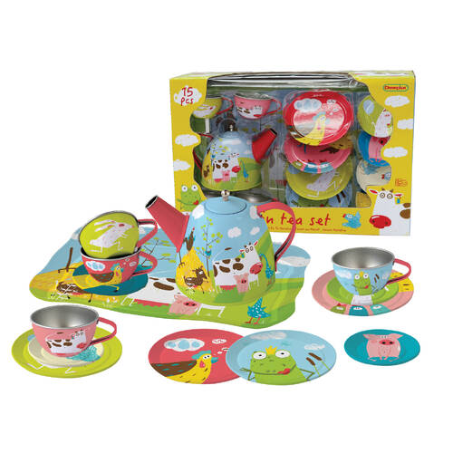 15pc Kaper Kidz Farm Tin Tea Set Kids Play Toy 3y+