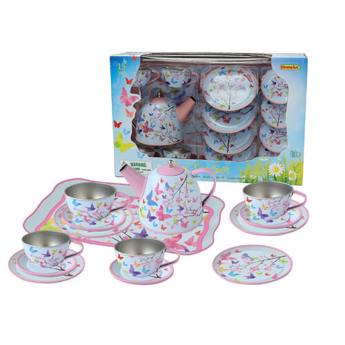 15pc Kaper Kidz Pink Blossom Butterfly Tin Tea Set Kids 3y+
