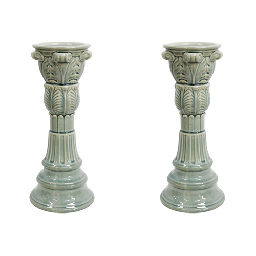 2PK LVD Stoneware Ceramic Santos 33cm Pillar Candle Holder - Silver Grass