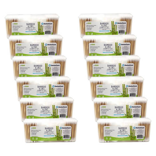 12PK SwissCare 4-in-1 Natural Cotton Buds/Ball/Pads Cosmetic Set Bamboo
