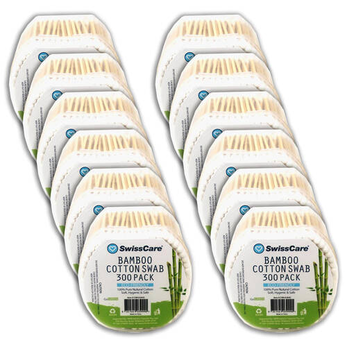 12x 300pc SwissCare Cotton Q-Tip Swab Ear Cleaning Wooden Stick Buds Bamboo