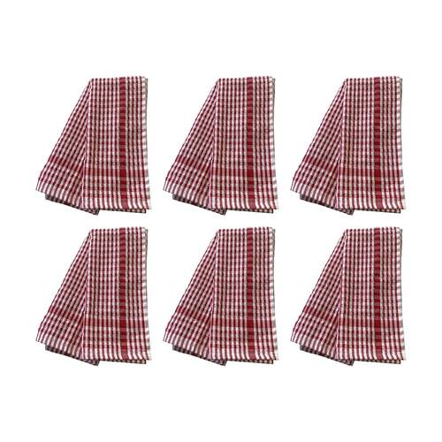 6x2pc CDSI Essential Terry Towel Check Cotton Absorbent Durable Red 45x65cm