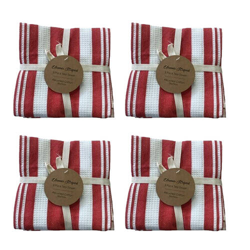 4x3pc CDSI Eleanor Tea Towel Striped Recycled Cotton Set Red 50x70cm