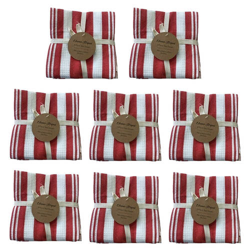8x3pc CDSI Eleanor Tea Towel Striped Recycled Cotton Set Red 50x70cm