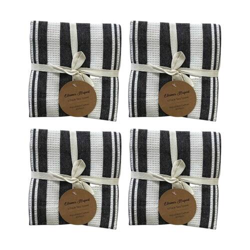 4x3pc CDSI Eleanor Tea Towel Striped Recycled Cotton Set Black 50x70cm
