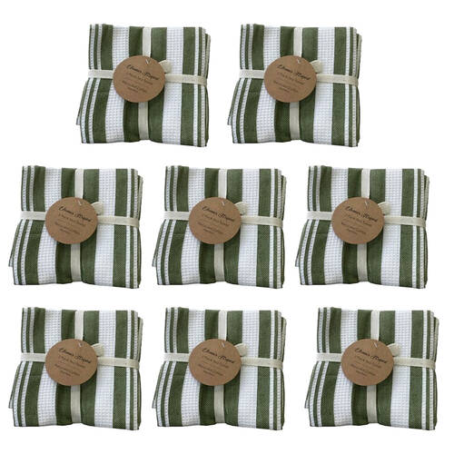 8x3pc CDSI Eleanor Tea Towel Striped Recycled Cotton Set Olive 50x70cm