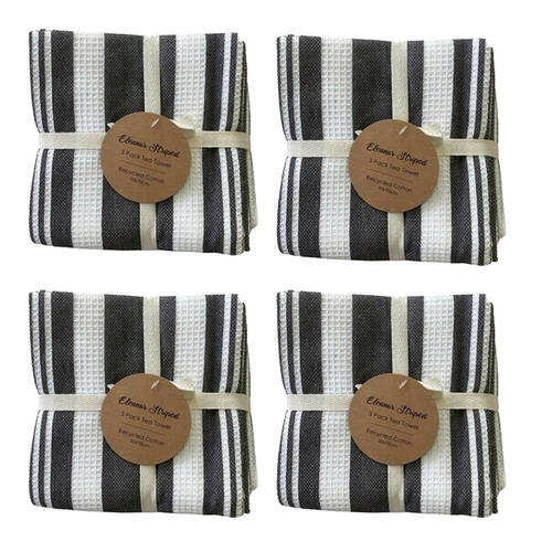 4x3pc CDSI Eleanor Tea Towel Striped Recycled Cotton Set Grey 50x70cm