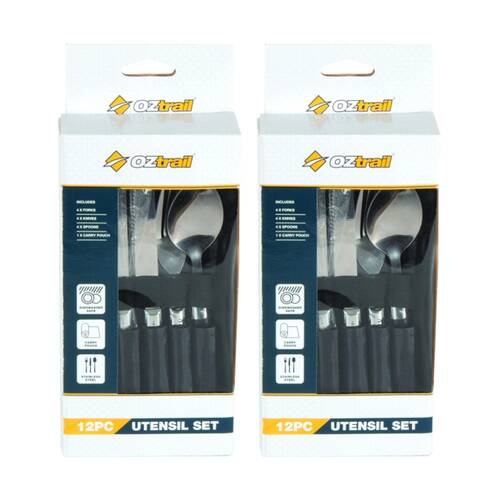 2x12pc Oztrail Stainless Steel Utensil Set Dishwasher Safe Compact Roll Up