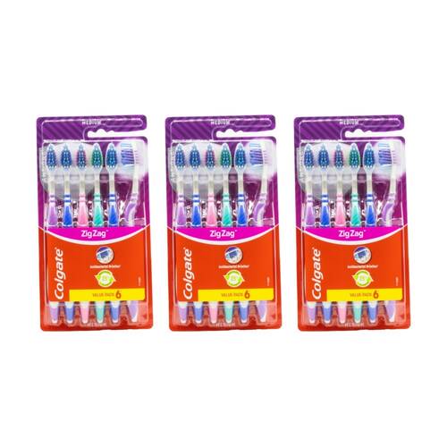 3x 6pc Colgate Zig Zag Antibacterial Bristles Toothbrushes Set Medium