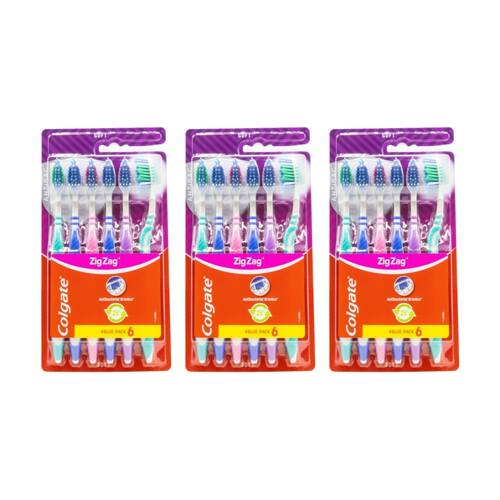 3x 6pc Colgate Zig Zag Antibacterial Bristle Dental Toothbrush Set Soft