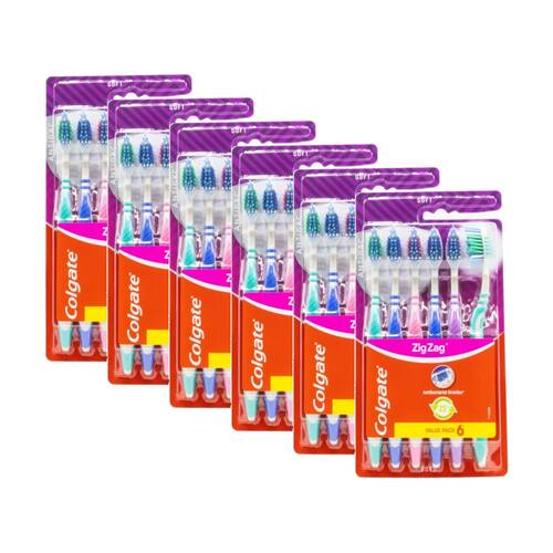 6x 6pc Colgate Zig Zag Antibacterial Bristle Dental Toothbrush Set Soft