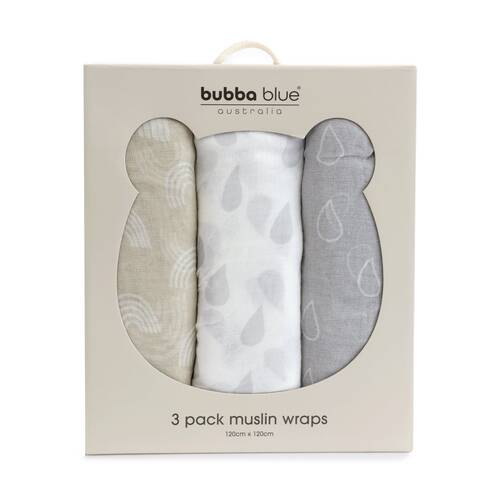 3pc Bubba Blue Cotton/Bamboo Baby Muslin?Wraps Nordic Collection 120cmx120cm
