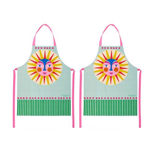 2PK Annabel Trends Green Kitchen Apron W/ Fiesta Sun Print 100% Cotton 60x78cm