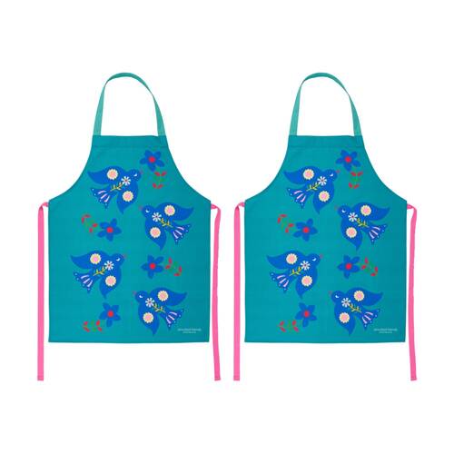 2PK Annabel Trends Blue Kitchen Apron W/ Fiesta Bird Print 100% Cotton 60x78cm