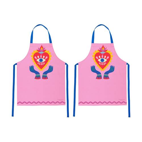 2PK Annabel Trends Pink Kitchen Apron W/ Fiesta Heart Print 100% Cotton 60x78cm