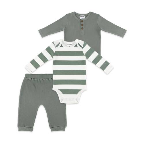 3pc The Peanutshell Baby Buttoned Top/Pants W/ Striped Bodysuit Ribbed Green