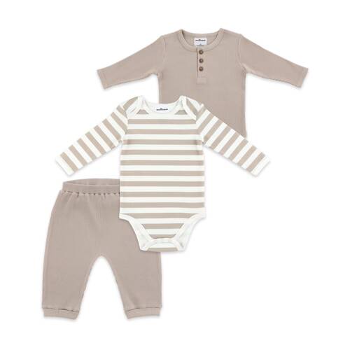 3pc The Peanutshell Baby Buttoned Top/Pants W/ Striped Bodysuit Ribbed Taupe