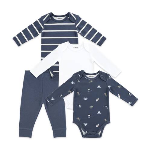 4pc The Peanutshell Baby Long Sleeve Bodysuit & Leggings Set Blue/White