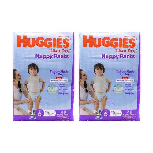 2x 48pc Huggies Ultra & Rapid Dry Jumbo Nappy Pants Size 6 Boys 15kg+