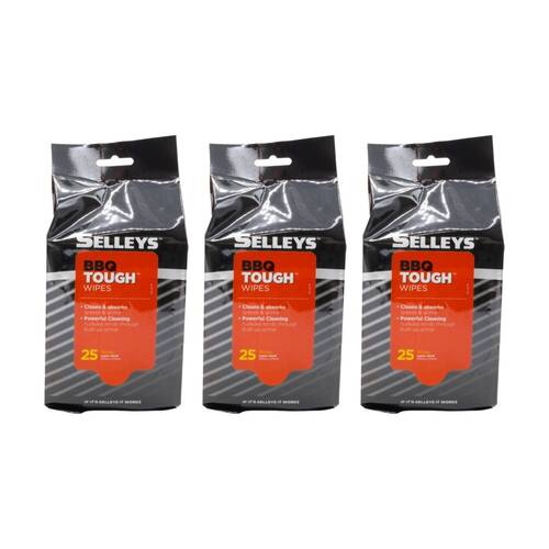 3x 25pc Selleys Pack BBQ Tough Super Sized Cleaning Wipes 250x275mm
