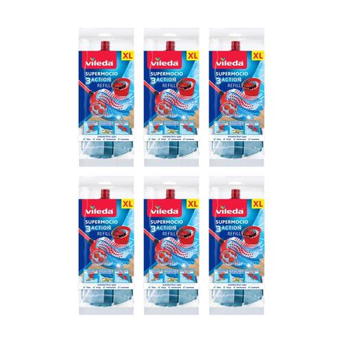 6PK Vileda SuperMocio 3 Action Mop Refill Extra Long Three Cleaning Zones