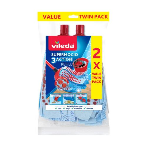 2pc Vileda SuperMocio 3 Action Mop Refill Pack Three Cleaning Zones