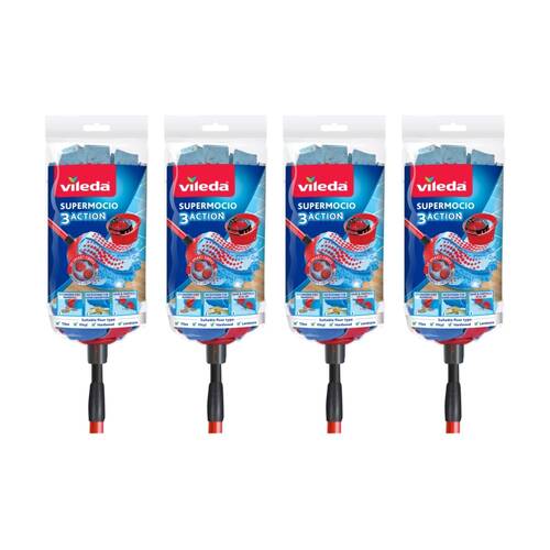 4PK Vileda SuperMocio 3 Action Mop Telescopic Handle Three Cleaning Zones