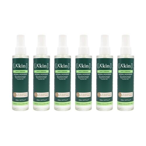 6PK Akin Deodorant Natural Lime & Orange 150mL Refreshing Citrus Scented Spray