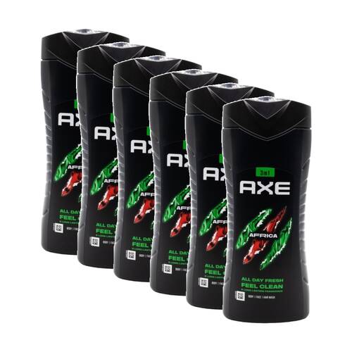 6PK Axe 3 In 1 Wash Body Face Hair Africa Fresh Clean Fragrance 400mL