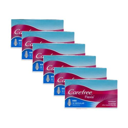 6x 32pc Carefree Flexia Regular Flow Tampons Pack W/ Wings Soft Folds