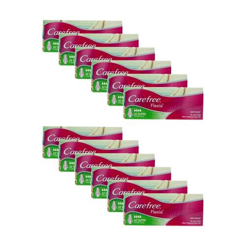 12x 32pc Carefree Flexia Heavy Flow Super Tampons Pack W/ Wings Soft Folds