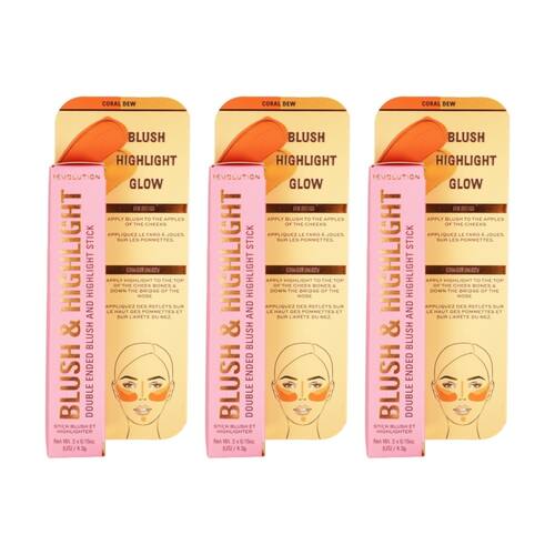 3PK Revolution Blush & Highlight Stick Face Makeup Coral Dew 4.3g